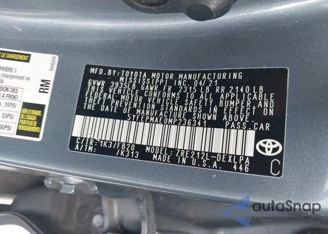 2021 Toyota Corolla Le из США, поврежденный, VIN 5YFEPMAE0MP236341